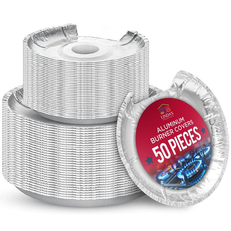 Linda's Essentials Heavy-Duty Aluminum Electric Stove Burner Covers (50 Pack) - Disposable Round Foil Liners (6 & 8 Inch), Non-Stick Drip Pan Protectors, Stove Top Covers, Great Kitchen Accessory for Easy Cleanup - Image 1